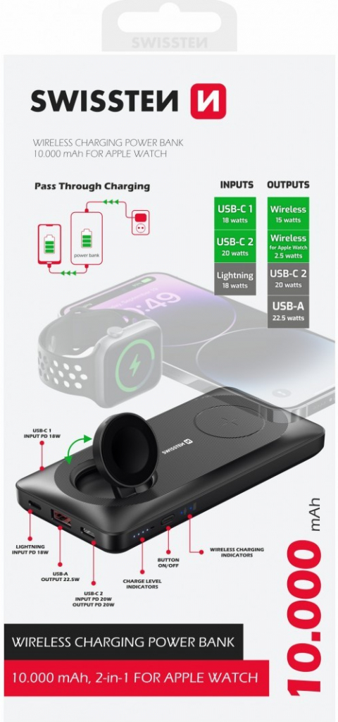 Swissten FAST CHARGE 10000 mAh Lightning a USB-C černá