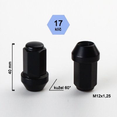 Závodní hliníková matice M12x1,25 kužel uzavřená, klíč 17, černá – Zboží Mobilmania