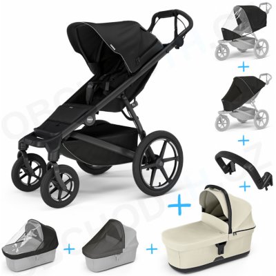 Thule Set 7v1 Urban Glide 4-wheel Black 2024 + pláštěnka + ochranná síť + madlo + korba Soft beige + pláštěnka + ochranná síť na korbu