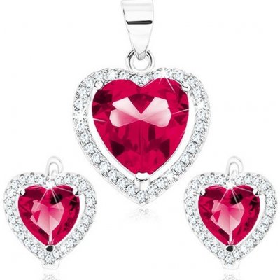 Šperky eshop set náušnic a přívěsku ze stříbra červenorůžové srdce čirá kontura S13.16 – Zboží Mobilmania