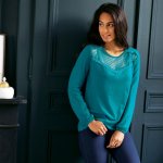 Blancheporte Jednobarevné tričko s vyšívanou vsadkou a krajkou tyrkysová – Zbozi.Blesk.cz