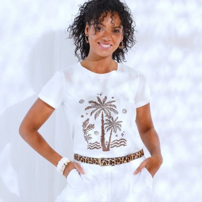 Tričko s krátkými rukávy a potiskem palem režná/čokoládová – Zbozi.Blesk.cz