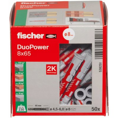 Fischer DUOPOWER 8x65 mm (balení 50 ks) - univerzální uzlovací hmoždinky, prodloužené – Hledejceny.cz