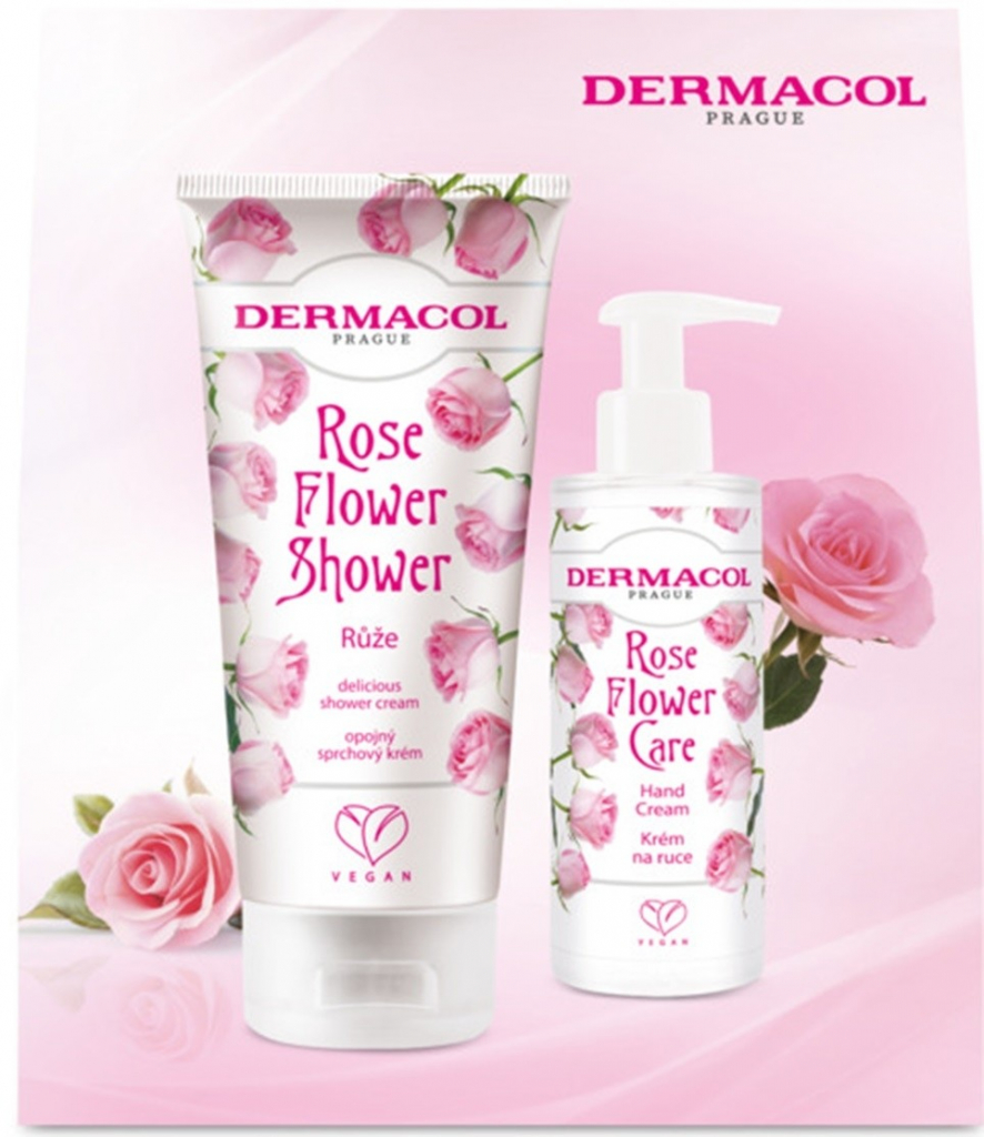 Dermacol Rose Flower - Růže opojný sprchový krém 200 ml + hydratační krém na ruce 150 ml, kosmetická sada pro ženy