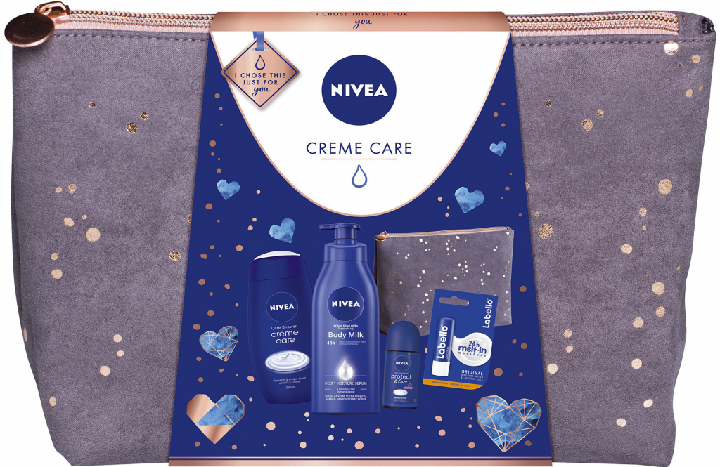 Nivea Creme Care Body Milk tělové mléko pro ženy 400 ml + Creme Care sprchový gel 250 ml + Protect & Care kuličkový antiperspirant roll-on 50 ml + Labello 4,8 g + taška dárková sad