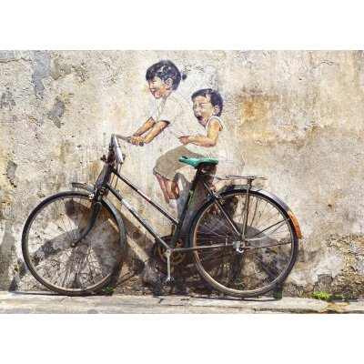 WEBLUX 62780970 Fototapeta plátno Little Children on a Bicycle Mural. Malé děti na nástěnné malbě na kole. rozměry 240 x 174 cm – Zbozi.Blesk.cz