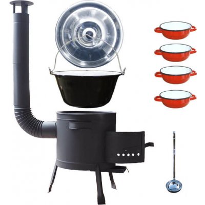 Perfect Home kotlík na guláš smalt 30 l, Perfect Home speciální žáruvzdorná kotlina PLUS 600 °C 45 cm, RETRO selské misky smalt 4 ks, Perfect Home poklice nerez 47 cm INOX – Zboží Mobilmania