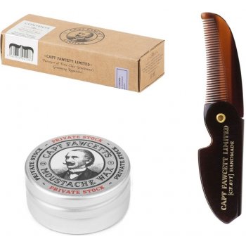 Captain Fawcett Folding Moustache Comb skládací hřeben na knír pro muže 11,7 cm + Captain Fawcett Booze and Baccy Moustache Wax vosk na knír pro muže 15 ml dárková sada