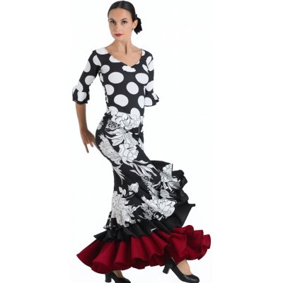 Sukně na flamenco Happy dance EF339 černá bílé květy červený spodní lem – Zboží Dáma