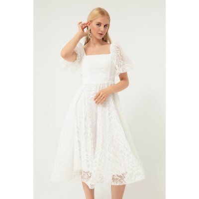 Lafaba dámské bílé balonové rukávy stříbřité midi večerní šaty bílá – Sleviste.cz