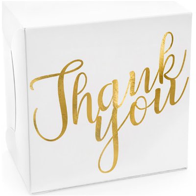 Krabička na dort “Thank You” BÍLÁ se zlatým nápisem, 10 ks – Zboží Dáma