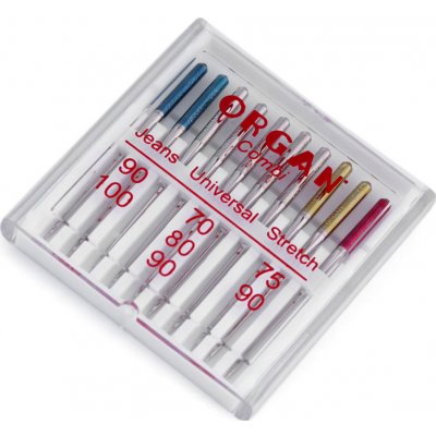 Strojové jehly sdružené Jeans 90;100, Universal 70;80;90, Stretch 75;90 Organ Varianta: nikl, Balení: 1 krab. – Zboží Dáma