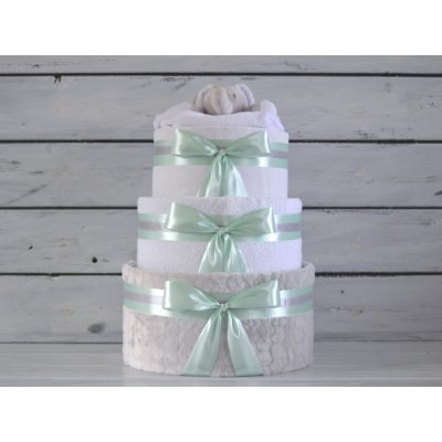 dortNEdort Třípatrový plenkový dort zdobený medvídkem nebo sloníkem usínáčkem Šedá deka mint mašle náplň pro holčičku – Zboží Dáma
