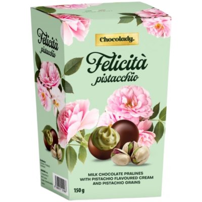 Chocolady Pralinky z mléčné čokolády plněné krémem s pistáciovou příchutí a kousky pistácií Felicitá pistacchio 150 g – Zboží Mobilmania