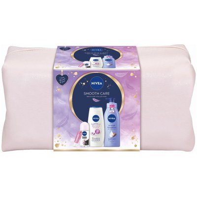 NIVEA Smooth Care Sprchový gel 250 ml + tělové mléko 400 ml + roll-on 50 ml + balzám na rty 4,8 g + kosmetická taška Dárkové balení – Hledejceny.cz