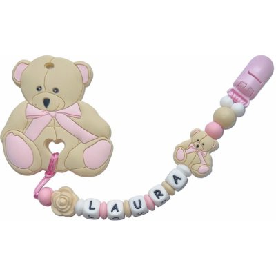 Puntja.cz silikon kousátko medvídek s mašlí se jménem krémová růžová – Zboží Dáma