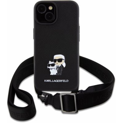 Karl Lagerfeld Saffiano Crossbody popruh Metal Karl and Choupette pro Apple iPhone 15, černá – Zboží Mobilmania