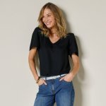 Jednobarevná halenka s výstřihem do V a krátkými rukávy černá – Sleviste.cz