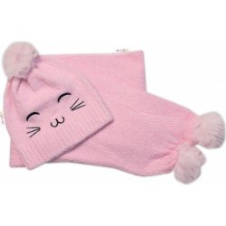 Baby Nellys Zimní čepice s bambulí + šál Kitty růžová