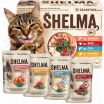 Shelma Cat kuřecí hovězí losos treska 12 x 85 g – Sleviste.cz