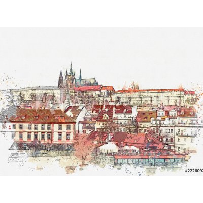 WEBLUX 222609286 Samolepka fólie illustration of a beautiful view of Prague in the Czech Republic. Watercolor sketch ilustrace krásného pohledu na Prahu v České republi, rozměry 100 x 73 cm – Zboží Mobilmania