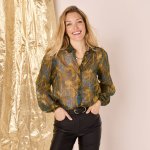 Voálová halenka s potiskem a metalickými vlákny khaki/modrá – Zboží Dáma