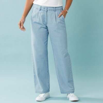 Denimové široké kalhoty pro menší postavu sepraná modrá – Sleviste.cz