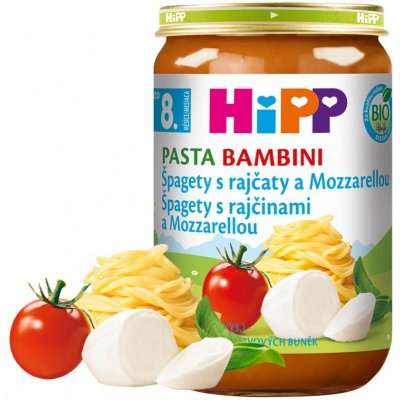 HiPP Bio Rajčata se špagetami a mozzarellou PASTA BAMBINI bezmasý 3 x 220 g – Sleviste.cz