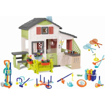 Smoby Set domeček Přátel s předzahrádkou a sportovní sada Friends House Life rozšiřitelný 6 druhů her s tenisem a kroketem a kuchyňka – Zboží Dáma