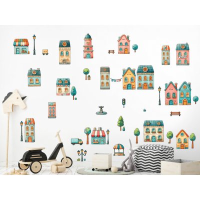 Nalepte.cz Domečky textilní přelepitelné samolepky na zeď arch 100 x 60 cm – Hledejceny.cz