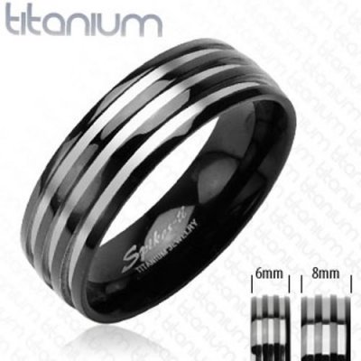 Šperky eshop Titanový snubní prsten se třemi stříbrnými pruhy černý D8.4 – Zboží Mobilmania