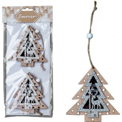 Závěs dřevo stromek zdobený stříbrná 2 ks 9,5x10 cm – Hledejceny.cz