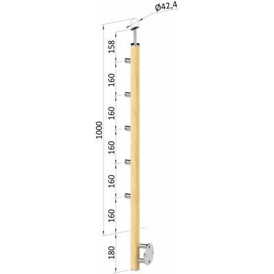 dřevěný sloup, boční kotvedřevěný sloup, boční kotvení, 5 řadový, průchozí, vnější, vrch pevný (ø 42mm), materiál: buk, broušený povrch bez nátěruní, 5 řadový, průchodný, venkovní, vrch pev – Zboží Mobilmania