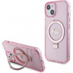 GUESS iPhone 15 Plus logo Magsafe / Glitter Script / stojánek na prsten / růžové – Zboží Mobilmania