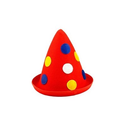 Puntíkovaný klaunský klobouk špičatý červený