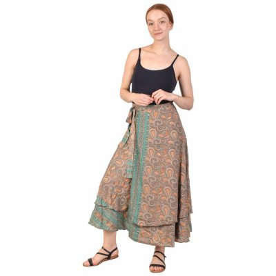 Sanu Babu dlouhá zavinovací sukně s paisley vzorem a zlatým potiskem FREE hnědá