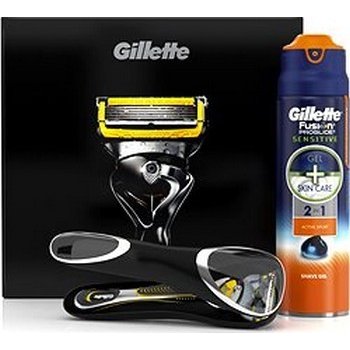 Gillette Fusion ProShield holicí strojek + Sensitive gel na holení 170 ml + cestovní pouzdro dárková sada