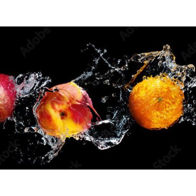 WEBLUX 148249825 Fototapeta vliesová Set of fresh fruits in water splash isolated on black background Sada čerstvého ovoce v stříkající vodě izolované na černém pozadí rozměry 100 x 73 cm – Zbozi.Blesk.cz