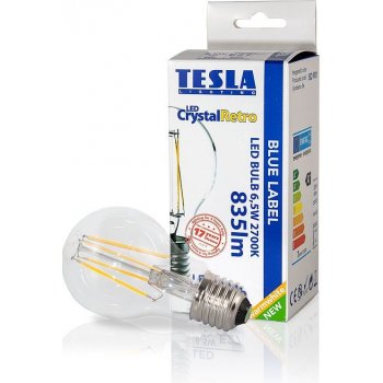 Tesla LED žárovka CRYSTAL RETRO BULB E27 6,5W 230V 835lm 2700K Teplá bílá 360° čirá