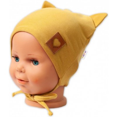 Baby Nellys Bavlněná dvouvrstvá čepice s oušky na zavazování FOX hořčicová – Zboží Mobilmania