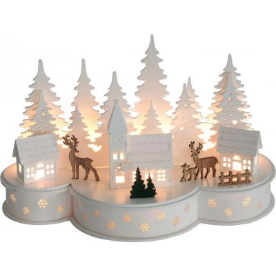 Dekorácia MagicHome Vianoce, Dedinka s jeleňmi, 10 LED teplá biela, 2xAA, MDF, 30x14x19,5 cm – Hledejceny.cz
