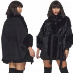 Fashionweek Dámské pončo semišový kabát s kožíškem bunda kabát s kožíškem KARR4624 Černá – Zboží Mobilmania