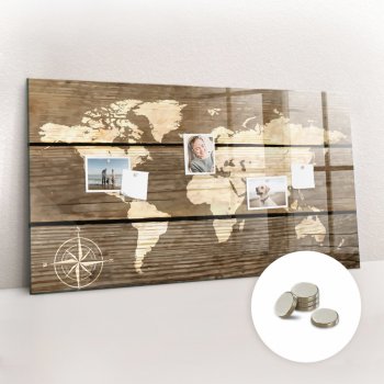 tulup Magnetická Tabule na Zeď Skleněná - Memo Board Kleněnou Přední Stranou - 5 magnetů v balení - 120 x 60 cm - Mapa světa z prken