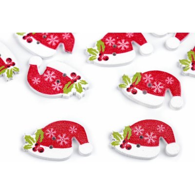 Dřevěný dekorační knoflík vánoční cesmína, hvězda, čepice Varianta: 3 červená Santa, Balení: 10 ks – Zboží Dáma