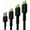 usb kabel Green Cell KABGCSET01 GC Ray USB-C, LED podsvícení, rychlo nabíjení UC, QC 3.0, 30cm, 120cm, 200cm, zelený