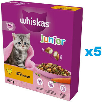 WHISKAS Junior kompletní suché krmivo pro koťata s lahodným kuřecím masem 5 x 0,8 kg