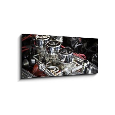 Skleněný obraz 1D panorama - 120 x 50 cm - Under the Hood View of Restored Vintage Automobile Engine with Tri-Power Show-Chrome Carburetors Pod pokličkou Pohled na Obnov