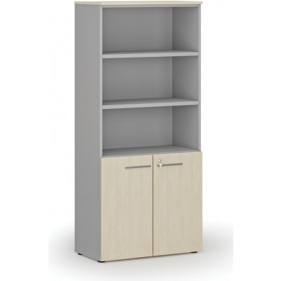 Primo Kombinovaná kancelářská skříň GRAY, dveře na 2 patra, 1781 x 800 x 420 mm, šedá/bříza – Sleviste.cz