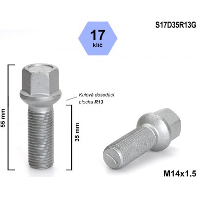 Kolový šroub M14x1,5x35 kulový R13, klíč 17, S17D35R13G, výška 55 | Zboží Auto