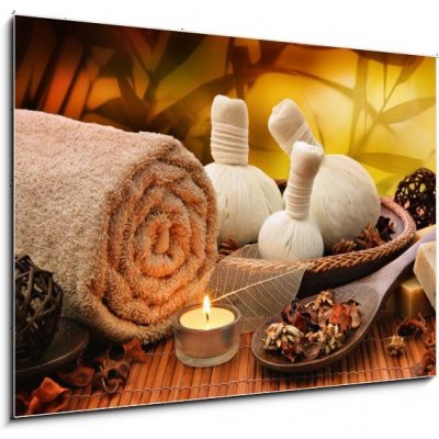 Obraz 1D - 100 x 70 cm - Massage background with rolled towel, spa balls and candlelight Masážní pozadí s válcovaným ručníkem, lázněmi a světlem svíček – Zbozi.Blesk.cz